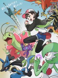  1girl :d baseball_cap black_jacket black_leggings blue_background blue_shorts brown_hair character_request commentary_request dragonite dutch_angle from_side full_body gardevoir hat highres holding holding_poke_ball jacket jumping kaeru_(uj26cobrsv) leggings leggings_under_shorts lucario meganium open_mouth poke_ball pokemon pokemon_(creature) pokemon_legends:_z-a prism_tower sableye shirt shoes short_hair shorts smile sneakers solo talonflame white_shirt 
