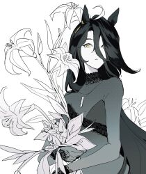  1girl ahoge bouquet calla_lily closed_mouth coffeeseal commentary ear_ornament ear_tag earrings flat_chest flower hair_between_eyes hair_ribbon head_tilt highres jewelry lace-trimmed_collar lace_trim light_frown lily_(flower) long_hair long_hair_between_eyes manhattan_cafe_(umamusume) multicolored_hair neck ribbon sharp_teeth simple_background single_earring solo spot_color teeth umamusume untranslatable_commentary very_long_hair white_background 