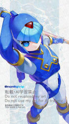  1girl air_bubble armor blue_armor blue_eyes blue_helmet bubble cowboy_shot fairy_leviathan_(mega_man) forehead_jewel helmet highres holding holding_polearm holding_weapon mega_man_(series) mega_man_zero_(series) polearm solo twitter_username underwater weapon yamanashi_taiki 
