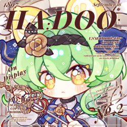  1girl animal_ears bai_gui_hua_zi blue_bow blue_bowtie blush bow bowtie cat_ears cat_girl commission deformed flower food_as_ears green_hair hair_flower hair_ornament highres holding holding_sword holding_weapon long_sleeves looking_at_viewer mihuashi_commission original ouji_fashion portrait rapier short_hair solo sword too_many_watermarks watermark weapon yellow_eyes 