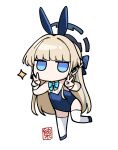  1girl animal_ears blonde_hair blue_archive blue_eyes blue_leotard chibi detached_collar double_v fake_animal_ears full_body halo junsuina_fujunbutsu leotard long_hair looking_at_viewer multicolored_hair no_mouth playboy_bunny rabbit_ears signature simple_background solo sparkle standing standing_on_one_leg streaked_hair thigh-highs toki_(blue_archive) toki_(bunny)_(blue_archive) v very_long_hair white_background white_thighhighs 