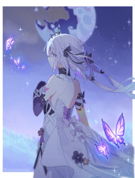  1girl absurdres arm_at_side backless_dress backless_outfit bare_back black_tiara border breasts broken_moon bug butterfly castorice_(honkai:_star_rail) clouds commentary_request cool_colored dress elbow_gloves field from_behind gloves gradient_sky highres honkai:_star_rail honkai_(series) light_smile long_hair looking_at_viewer looking_back moon outside_border purple_butterfly purple_gloves purple_hair purple_sky single_glove sky small_breasts solo tiara twitter_username uwasewau violet_eyes white_border white_dress 