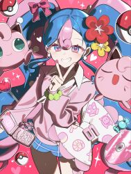  1girl blue_eyes blue_hair blue_skirt blush bow candy cd cellphone closed_mouth commentary earrings fairy_miku_(project_voltage) flip_phone flower food grin hair_flower hair_ornament hatsune_miku heart highres jewelry jigglypuff jjeogi38 long_hair long_sleeves looking_at_viewer multicolored_hair nail_polish neckerchief open_mouth phone pink_bow pink_hair pink_nails pink_sweater poke_ball poke_ball_(basic) pokemon pokemon_(creature) project_voltage red_flower scrunchie skirt smile sweater teeth twintails two-tone_hair untranslatable_commentary very_long_hair vocaloid white_neckerchief wrist_scrunchie 