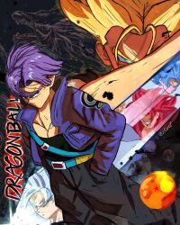  2boys 2kartz absurdres capsule_corp dragon_ball dragon_ball_super dragon_ball_z highres jacket male_focus monkey_boy multiple_boys open_clothes open_jacket red_fur saiyan son_goku super_saiyan super_saiyan_1 super_saiyan_4 super_saiyan_blue trunks_(dragon_ball) trunks_(future)_(dragon_ball) 