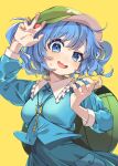  1girl blue_eyes blue_hair blue_shirt blue_skirt breasts e_sdss fingernails frilled_shirt_collar frills hands_up hat highres kawashiro_nitori key open_mouth shirt short_hair simple_background skirt small_breasts smile solo sweat touhou two_side_up uneven_eyes yellow_background 