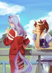  2girls animal_ears blue_eyes blush bow bowtie breasts brown_hair cup disposable_cup drinking_straw drinking_straw_in_mouth ear_wiggle hair_between_eyes head_rest highres holding holding_cup horse_ears horse_girl horse_tail jacket long_hair long_sleeves mejiro_mcqueen_(umamusume) motion_lines multicolored_hair multiple_girls open_mouth outdoors pants pleated_skirt ponytail puffy_short_sleeves puffy_sleeves purple_bow purple_bowtie purple_hair purple_shirt red_jacket red_pants red_track_suit sailor_collar sailor_shirt school_uniform shirt short_sleeves skirt small_breasts smile streaked_hair tail tail_wagging tapeanna thigh-highs tokai_teio_(umamusume) tracen_school_uniform tracen_training_uniform track_jacket track_pants track_suit two-tone_hair umamusume white_hair white_sailor_collar white_skirt white_thighhighs 