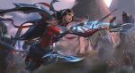  1girl absurdres armor black_hair blue_eyes breasts clouds cloudy_sky day extra fighting_stance floating floating_object floating_sword floating_weapon hair_ornament highres irelia knight league_of_legends long_hair outdoors parted_lips qi_mang_(qimang) shoulder_armor sky sword very_long_hair weapon 
