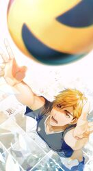  1boy arms_up ball black_shoes blonde_hair brown_eyes collarbone commentary_request from_above haikyuu!! highres male_focus mismatched_eyebrows miya_atsumu open_mouth pmzing shoes short_hair solo sportswear teeth volleyball_(object) 