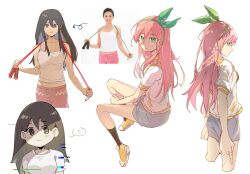  3girls ? alternate_costume arrow_(symbol) aubrey_(faraway)_(omori) aubrey_(omori) black_eyes black_hair black_socks blue_eyes blue_hairband blue_skirt closed_mouth collarbone commentary denim denim_skirt double-parted_bangs dual_persona english_commentary hair_between_eyes hairband highres holding holding_jump_rope jacket jump_rope long_hair looking_at_viewer mari_(faraway)_(omori) mari_(omori) multiple_girls omori parted_lips photo-referenced pink_hair pink_shorts reference_inset shoes shorts simple_background skirt smile sneakers socks speech_bubble spoken_question_mark white_background white_jacket yellow_shoes zs_zealsummer 