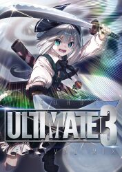  1girl absurdres album_cover album_name black_bow black_bowtie black_hairband blue_eyes bow bowtie collared_shirt commentary_request cover dual_wielding flower glint green_skirt green_vest grey_hair hairband highres hitodama holding katana konpaku_youmu konpaku_youmu_(ghost) looking_at_viewer open_mouth second-party_source shirt skirt skirt_set smile solo sword touhou vest weapon white_shirt zounose 