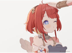  2girls :o ahoge bare_shoulders blue_eyes blush commentary_request dress flower-shaped_pupils headpat highres holding holding_tablet_pc honkai:_star_rail honkai_(series) looking_up multiple_girls one_eye_closed pointy_ears red_hair short_hair sidelocks simple_background symbol-shaped_pupils tablet_pc tribbie_(honkai:_star_rail) tribios_(honkai:_star_rail) twitter_username uwasewau white_background white_dress wings wrist_guards 