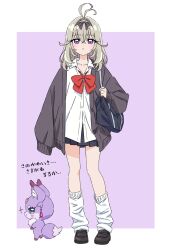  1girl antenna_hair bag black_cardigan black_shoes black_skirt border cardigan commentary_request full_body grey_hair highres kousuke0912 leg_warmers loafers loose_socks mashu-tan medium_hair meitantei_precure! miniskirt moria_luluka pleated_skirt precure purple_background revision school_bag school_uniform shirt shoes simple_background skirt socks solo_focus violet_eyes white_border white_leg_warmers white_shirt white_socks 