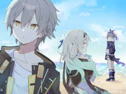  1boy 2girls :o absurdres bandaid bandaid_on_leg beach black_hairband black_jacket blush caelus_(honkai:_star_rail) close-up closed_eyes closed_mouth clouds cloudy_sky commentary_request cropped_jacket eyewear_on_head firefly_(honkai:_star_rail) frilled_sleeves frills from_behind fur-trimmed_jacket fur_trim gradient-tinted_eyewear gradient_hair hair_between_eyes hair_intakes hair_ornament hair_ribbon hair_tie hairband hairpin highres honkai:_star_rail honkai_(series) jacket legband long_sleeves multicolored_hair multiple_girls multiple_hairpins open_clothes open_jacket open_mouth ponytail ribbon shirt silver_wolf_(honkai:_star_rail) single_drill sky smile thigh_strap tinted_eyewear trailblazer_(honkai:_star_rail) twitter_username uwasewau white_shirt white_sleeves yellow_eyes 
