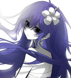  1girl ahoge bags_under_eyes bare_shoulders black_eyes chest_sarashi closed_mouth commentary expressionless flower h4nishiro hair_between_eyes hair_flower hair_ornament hibiscus long_hair looking_to_the_side original purple_flower purple_hair sarashi sewerslvt simple_background solo upper_body white_background 