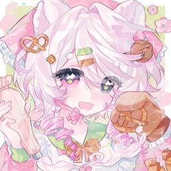  1girl :d animal_ears apron bear_ears blush border bow bowtie choker drill_hair flower food frills green_eyes hair_ornament hairclip heterochromia holding long_sleeves looking_at_viewer multicolored_hair open_mouth original pastry_bag pink_bow pink_choker pink_eyes pink_flower pink_hair pink_ribbon ribbon shirt smile solo sparkle symbol-shaped_pupils tejibomei upper_body white_hair 