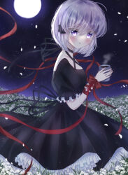 1girl absurdres ahoge arm_ribbon backlighting black_choker black_dress blush bow choker coffee commentary criss-cross_halter cross_hair_ornament cup dress eyelashes eyes_visible_through_hair falling_petals field floating_ribbon flower flower_field frilled_dress frilled_sleeves frills from_side full_moon grey_hair hair_between_eyes hair_ornament halterneck hands_up highres holding holding_cup kagari_(rewrite) long_ribbon medium_hair moon moonlight night open_mouth outdoors petals petticoat puffy_short_sleeves puffy_sleeves red_bow red_ribbon rewrite ribbon short_sleeves solo standing steam suzu_701kt violet_eyes white_flower wrist_bow 