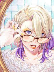  1boy bathroom blonde_hair commentary_request con_potata english_text gradient_hair hand_up highres looking_at_mirror looking_at_viewer male_focus medium_hair mirror mixed-language_text multicolored_hair purple_hair solo sunglasses textless_cover_page tile_wall tiles twisted_wonderland vil_schoenheit violet_eyes 
