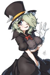  1girl 7kitte black_skirt black_souls black_souls_2 bow breasts commentary_request corset gloves green_hair hair_over_one_eye hat hatter_(black_souls) highres light_smile red_bow short_hair skirt smile under_boob violet_eyes white_background white_gloves 