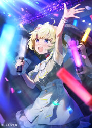  1girl :d ahoge animal_ears arm_up blonde_hair bow choker commentary_request concert copyright_notice dress glowstick grey_dress hair_bow hair_ornament hairclip hand_up holding holding_glowstick hololive horns official_alternate_costume official_alternate_hairstyle official_art okeno_kamoku open_mouth outstretched_arm overskirt people pinstripe_dress pinstripe_pattern red_choker sailor_collar sailor_dress scrunchie see-through_clothes see-through_dress_layer see-through_sleeves sheep_ears sheep_girl sheep_horns short_dress short_hair short_sleeves skirt smile solo_focus teeth tsunomaki_watame tsunomaki_watame_(street_casual) upper_teeth_only violet_eyes virtual_youtuber white_bow white_sailor_collar white_skirt wrist_scrunchie 