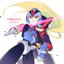  2boys armor black_eyes blonde_hair blue_armor blue_helmet buzzsaw_(6631455) commentary commission copy_x_(mega_man) cowboy_shot energy_sword eye_trail glowing glowing_eyes helmet highres holding holding_sword holding_weapon light_trail long_hair male_focus mega_man_(series) mega_man_zero_(series) multiple_boys omega_(mega_man) parted_lips red_armor red_eyes red_helmet smirk sword weapon 