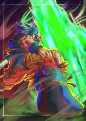  1boy absurdres aura battle_damage blue_boots blue_hair blue_sash blue_shirt boots dragon_ball dragon_ball_super dragon_ball_super_broly emil_pdjn from_behind highres orange_pants pants sash shirt solo solo_focus son_goku spiky_hair super_saiyan super_saiyan_blue torn_clothes torn_pants torn_shirt 