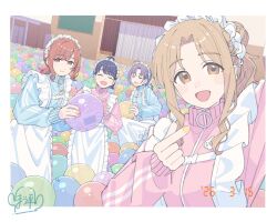  4girls ^_^ absurdres ahoge apron asakura_toru balloon black_hair blue_jacket blush border brown_hair closed_eyes commentary_request curtained_hair dated fake_photograph finger_heart fingernails frilled_apron frills fukumaru_koito highres higuchi_madoka ichikawa_hinana idolmaster idolmaster_shiny_colors indoors jacket jersey_maid long_sleeves maid maid_apron maid_headdress multiple_girls nail_polish noctchill_(idolmaster) paayan_(hagakinorock54) pink_jacket ponytail purple_hair selfie short_ponytail sidelocks signature smile too_many_balloons track_jacket unconventional_maid white_apron white_border 