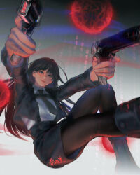  1girl aegyo_sal binary black_boots black_hair black_jacket black_necktie black_pantyhose black_shorts boots closed_mouth collared_shirt commentary_request damage_numbers dress_shirt energy_ball feet_out_of_frame grey_eyes gun head_wings highres holding holding_gun holding_weapon jacket layered_sleeves light_smile long_hair long_sleeves love_and_deepspace necktie open_clothes open_jacket pantyhose perspective popcornegoist protagonist_(love_and_deepspace) shirt shorts solo weapon white_shirt wings 