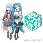  2girls aqua_eyes aqua_hair aqua_necktie bare_shoulders black_footwear black_skirt black_sleeves blue_eyes boots cup cup_noodle detached_sleeves full_body grey_hair grey_hoodie hatsune_miku headset highres holding holding_cup hood hoodie ixima long_hair long_sleeves looking_at_viewer multiple_girls necktie nissin official_art open_mouth project_sekai ramen simple_background skirt smile standing thigh_boots twintails very_long_hair vocaloid white_background yoisaki_kanade 