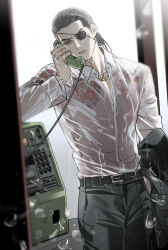  1boy black_hair commentary_request corded_phone eyepatch eyeshadow highres holding holding_phone irezumi jacket_on_arm korean_commentary long_hair majima_goro makeup male_focus payphone phone phone_booth ponytail rain rrrr0000_0 ryuu_ga_gotoku_(series) ryuu_ga_gotoku_0 see-through_clothes see-through_shirt shirt solo talking_on_phone tattoo wet wet_clothes wet_shirt 