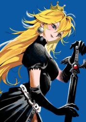  1girl black_dress black_gloves black_lips blonde_hair blue_background closed_mouth crown dress earrings elbow_gloves gloves hair_between_eyes high_collar jewelry long_hair pillldo planted planted_sword princess_peach profile puffy_short_sleeves puffy_sleeves short_sleeves simple_background smile solo super_mario_bros. sword weapon 