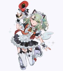  1girl animal_ears apron asymmetrical_bangs backpack bag bell black_dress blush bow cat_ears cat_hair_ornament dress fake_animal_ears frills full_body garter_straps green_eyes green_hair green_nails gun hair_ornament hairclip holding holding_gun holding_weapon jewelry looking_at_viewer maid maid_headdress megaphone neck_bell necktie open_mouth pinky_out piyomaru_(hachiyonnxxxx) puffy_short_sleeves puffy_sleeves randoseru red_bag red_bow red_necktie short_sleeves simple_background solo sparkle sunna_(zenless_zone_zero) thigh-highs weapon white_apron white_background white_thighhighs wrist_cuffs zenless_zone_zero 