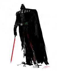  1boy absurdres black_bodysuit black_cape bodysuit cape clausstudios darth_vader energy_sword highres lightsaber male_focus red_lightsaber sith solo star_wars sword weapon 