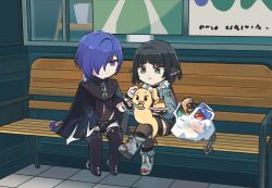  2girls animal_ears animalization bag black_boots black_cloak black_hair black_shorts blue_eyes blue_hair boots cissia_(zenless_zone_zero) cloak closed_mouth commentary eating feeding food fur-trimmed_jacket fur_trim grey_jacket grey_shoes hair_ornament hair_over_one_eye high-waist_shorts holding holding_plate holding_spoon jacket jane_doe_(zenless_zone_zero) long_hair looking_at_another mouse_ears mouse_girl mouse_tail multiple_girls on_bench open_mouth plate pom_pom_(clothes) pom_pom_hair_ornament promeia_(zenless_zone_zero) pudding sharp_tail shoes shopping_bag shorts single_leg_pantyhose single_thighhigh sitting smile spoon tail thigh-highs thigh_boots untranslatable_commentary very_long_hair violet_eyes xinzoruo yellow_snake zenless_zone_zero 