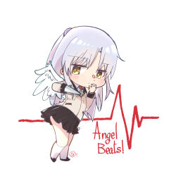  1girl angel angel_beats! angel_wings black_skirt blush chibi chibi_only closed_mouth collared_shirt commentary_request copyright_name eyes_visible_through_hair feathered_wings fighting_stance full_body grey_hair hair_between_eyes hand_sonic hands_up highres jacket kneehighs long_hair long_sleeves looking_at_viewer miniskirt neck_ribbon ogayan0301 outstretched_hand pleated_skirt ponytail ribbon school_uniform shirt signature simple_background skirt smile socks solo standing tachibana_kanade white_background white_shirt white_socks white_wings wings yellow_eyes yellow_jacket yellow_ribbon 