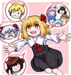  6+girls animal_ears antlers ascot bandana bandana_around_neck black_hair black_skirt black_vest blonde_hair blue_hair brown_hat character_watermark collared_shirt commentary_request cowboy_hat curly_hair dragon_girl drooling floppy_ears frilled_shirt_collar frills grey_hair hair_ribbon hat highres horns inaba_tewi j_k_tanashi kicchou_yachie kurokoma_saki long_sleeves multiple_girls outstretched_arms pink_background pointy_ears ponytail purple_hair rabbit_ears rabbit_girl red_ascot red_eyes red_horns reisen_(touhou_bougetsushou) reisen_udongein_inaba ribbon ringo_(touhou) rumia saliva seiran_(touhou) sharp_teeth sheep_horns shirt skirt skirt_set sweatdrop teeth touhou toutetsu_yuuma twitter_username vest watermark white_shirt 