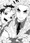  2boys :d absurdres collared_shirt crossed_arms daisy fire_breath1 flower greyscale hair_ornament hand_on_another&#039;s_arm head_wreath highres kamado_tanjirou kimetsu_no_yaiba looking_at_viewer male_focus monochrome multiple_boys necktie open_mouth rengoku_kyoujurou shirt short_hair simple_background smile sweater_vest thick_eyebrows twitter_username v vest white_background 