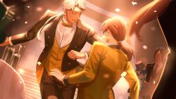  4boys agni_(kuroshitsuji) black_coat blurry blurry_foreground buttons ciel_phantomhive closed_eyes coat commentary_request dancing dark-skinned_male dark_skin earrings floating_earrings highres huji0823 jewelry kuroshitsuji layered_sleeves long_hair male_focus multiple_boys pants ponytail sebastian_michaelis shirt smile souma_asman_kadar vest white_hair white_shirt yellow_vest 