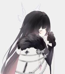 1girl artist_name bow closed_eyes closed_mouth columbina_(genshin_impact) commentary_request fatui_coat feiye_(feiye_fp) from_side fur_collar genshin_impact highres long_hair multicolored_hair multiple_wings simple_background solo two-tone_hair very_long_hair wings 