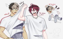  2boys afterimage ahoge anger_vein assisted_exposure blush_stickers brown_hair chain chain_necklace chibi chibi_inset clothes_lift compression_shirt constricted_pupils crimzon_ruze crossed_arms crown doodle_inset ear_piercing english_text fang grey_pants grey_shirt highres hololive_super_expo_2026_outfit holostars holostars_english hoto_11010 jewelry jurard_t_rexford lifting_another's_clothes lightning_bolt_symbol male_focus multicolored_hair multiple_boys multiple_views necklace official_alternate_costume open_mouth pants piercing pointy_ears red_eyes red_hair sharp_teeth shirt shirt_lift shirt_over_head short_hair short_sleeves teeth two-tone_hair undershirt upper_body upper_teeth_only violet_eyes virtual_youtuber waving_arms white_background white_shirt 