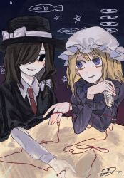  2girls alternate_costume black_capelet black_hat blonde_hair bow brown_hair capelet collared_shirt commentary disembodied_eye dress drink fish glass hair_bow hair_over_one_eye hat hat_bow highres holding holding_drink kz_m_i long_hair long_sleeves looking_at_another maribel_hearn medium_hair mob_cap multiple_girls necktie purple_dress red_necktie shirt signature string string_of_fate swept_bangs touhou usami_renko violet_eyes white_bow white_hat white_shirt yuri 