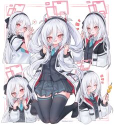  1girl absurdres akizuki_kawakaze alternate_hairstyle black_hairband black_jacket black_skirt black_thighhighs blue_archive blue_necktie blush chewing closed_eyes closed_mouth collared_shirt commentary dango eating flying_sweatdrops food food_on_face hair_between_eyes hairband halo heart highres holding holding_own_hair jacket kei_(blue_archive) kei_(new_body)_(blue_archive) kneeling long_hair long_hair_between_eyes long_sleeves multiple_views necktie notice_lines open_clothes open_jacket open_mouth pink_eyes pink_halo pink_nails pleated_skirt rectangular_halo ringed_eyes shirt short_sleeves skirt smile spoken_heart steepled_fingers sweat thigh-highs twintails twitter_username two_side_up wagashi white_background white_hair white_jacket white_shirt zettai_ryouiki 