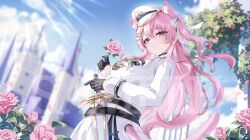  1girl absurdres aida_noa animal_ear_fluff animal_ears belt black_belt black_gloves blue_sky breasts castle cat_ears cat_girl cat_tail clouds commentary_request commission flower gloves highres holding holding_flower jacket large_breasts light_frown light_rays long_sleeves looking_at_viewer multiple_belts original outdoors pink_eyes pink_flower pink_rose pleated_skirt rose rose_bush sample_watermark skeb_commission skirt sky solo sword tail watermark weapon white_jacket white_skirt 