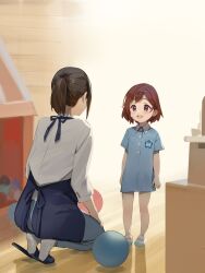  2girls apron ball highres higuchi_madoka idolmaster idolmaster_shiny_colors kindergarten kindergarten_uniform loli multiple_girls musunde_hiraite_(mh5jta) slippers smile teacher_and_student wooden_floor 