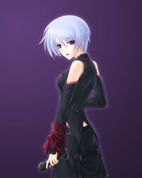  1girl belt belt_buckle black_jacket black_skirt blue_hair breasts buckle chaos;head clothing_request collared_jacket commentary_request cross cross_print detached_sleeves earrings from_side holding holding_microphone jacket jewelry kishimoto_ayase kishimoto_ayase_(fes) lace-trimmed_jacket lace-trimmed_sleeves lace_trim leather_belt leather_strap looking_at_viewer looking_back microphone purple_lips purple_nails robber-krzk science_adventure short_hair skirt small_breasts smile solo tailcoat violet_eyes 