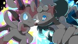  aqua_sclera blacknirrow closed_mouth colored_sclera commentary crossed_arms eyelashes forehead-to-forehead glaring heads_together highres looking_at_another pokemon pokemon_(creature) pokemon_focus primarina split_mouth star_(symbol) sylveon white_eyes 