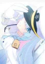  1girl aiguillette blue_archive blue_eyes blue_hair blue_halo braid colored_inner_hair commentary general_student_council_president_(blue_archive) gloves halo hat highres long_hair long_sleeves looking_at_viewer looking_up multicolored_hair one_eye_covered peaked_cap pink_hair single_braid smile solo two-tone_hair untranslatable_commentary white_gloves xi. 