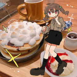 1girl :t ahoge black_skirt black_socks blush_stickers brown_hair brown_shirt brown_shoes closed_mouth commentary_request cup dot_nose double-parted_bangs food fork frog_hair_ornament full_body hair_between_eyes hair_ornament hands_up holding holding_fork ice_cream long_hair long_sleeves marshmallow mug original pancake photo_background red_eyes shirt shoes skirt smile socks solo sparkle standing twintails uenae_chiyiro 