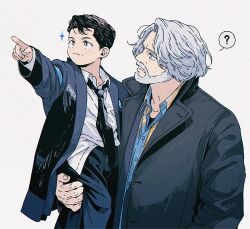  2boys ? aged_down beard black_hair black_necktie black_pants buttons closed_mouth collared_shirt commentary_request connor_(detroit) detroit:_become_human facial_hair grey_hair grey_jacket hank_anderson jacket korean_commentary lemonmelon00 long_sleeves looking_at_another looking_up male_focus multiple_boys necktie open_clothes open_jacket outstretched_arm oversized_clothes pants pointing shirt short_hair sparkle spoken_question_mark undershirt white_shirt 
