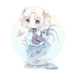  1girl animal basket blue_capelet blue_eyes blue_hands blue_socks bug butterfly capelet chibi chinese_commentary circlet commentary_request daisy_(flower) expressionless eyelashes flower grass grey_shoes hair_flower hair_ornament hair_rings highres infinity_nikki kneehighs kwsomeone leg_up looking_at_viewer looking_back nikki_(series) parted_bangs parted_lips pink_flower plant pom_pom_(clothes) pom_pom_hair_ornament potted_plant purple_butterfly rock see-through_clothes shoes short_hair socks solo standing stirrup_legwear thought_in_bloom_(infinity_nikki) toeless_legwear white_background white_flower white_hair white_rabbit_(animal) yellow_flower yunjian 