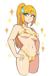  1girl bare_shoulders bbycheese bikini blonde_hair blue_eyes blush breasts closed_mouth collarbone commentary covered_nipples cowboy_shot cropped_legs english_commentary gold_bikini hand_on_own_hip hands_on_own_hips highres long_hair looking_at_viewer medium_breasts metroid mole mole_under_mouth navel ponytail samus_aran simple_background solo sparkle stomach sweatdrop swimsuit under_boob white_background yellow_bikini 